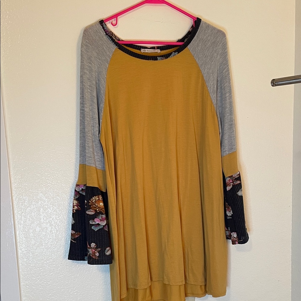 Floral Sleeve Mustard Tunic Top soft and stretchy bell sleeves